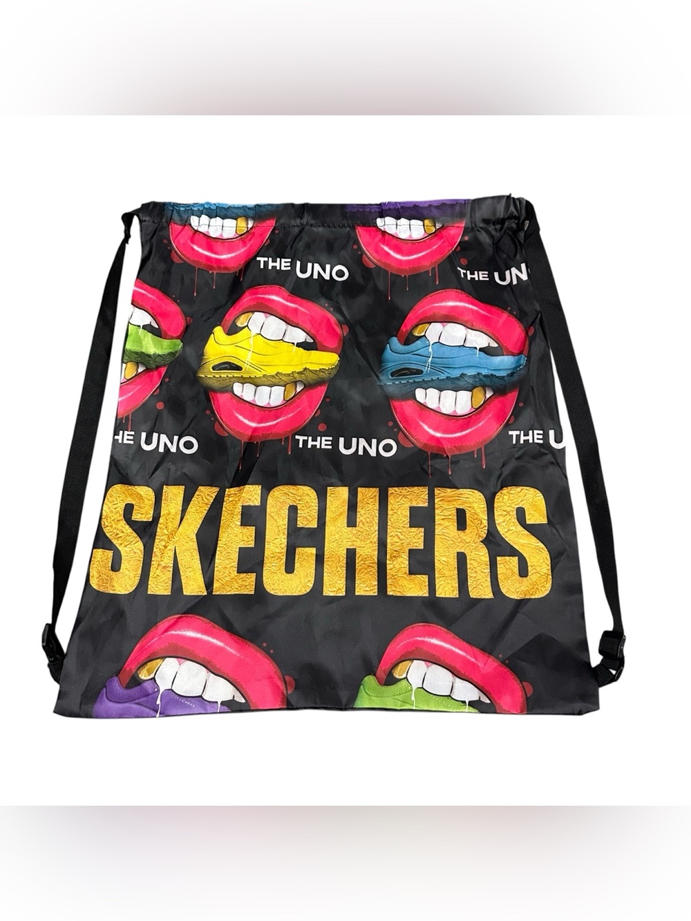 Skechers The Uno Collection Drawstring Backpack Gym Shoe Bag Black Graphic